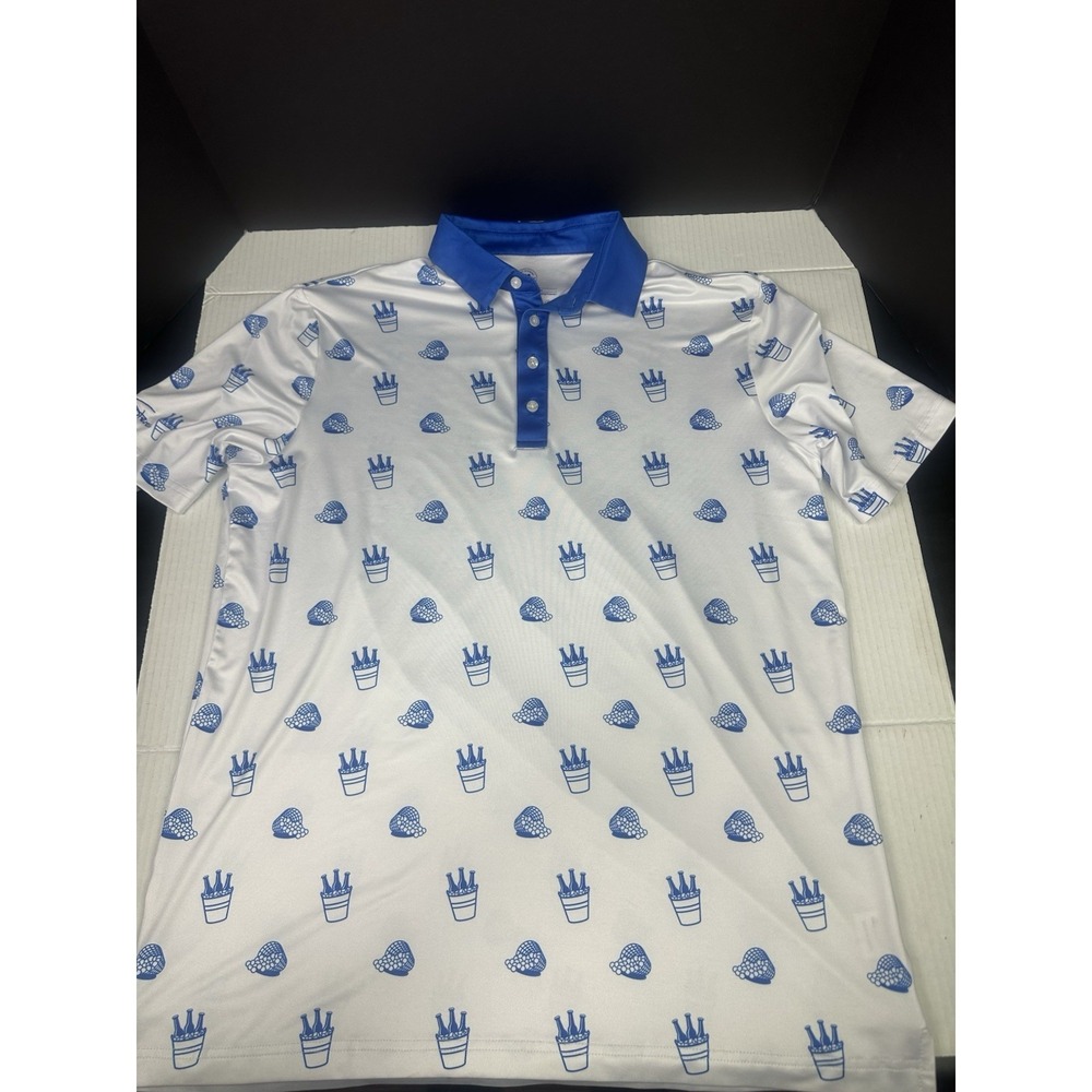 Coby Stevens Polo Shirt Mens Large All Over Print Beer Bottles Golf Ball Alcohol
